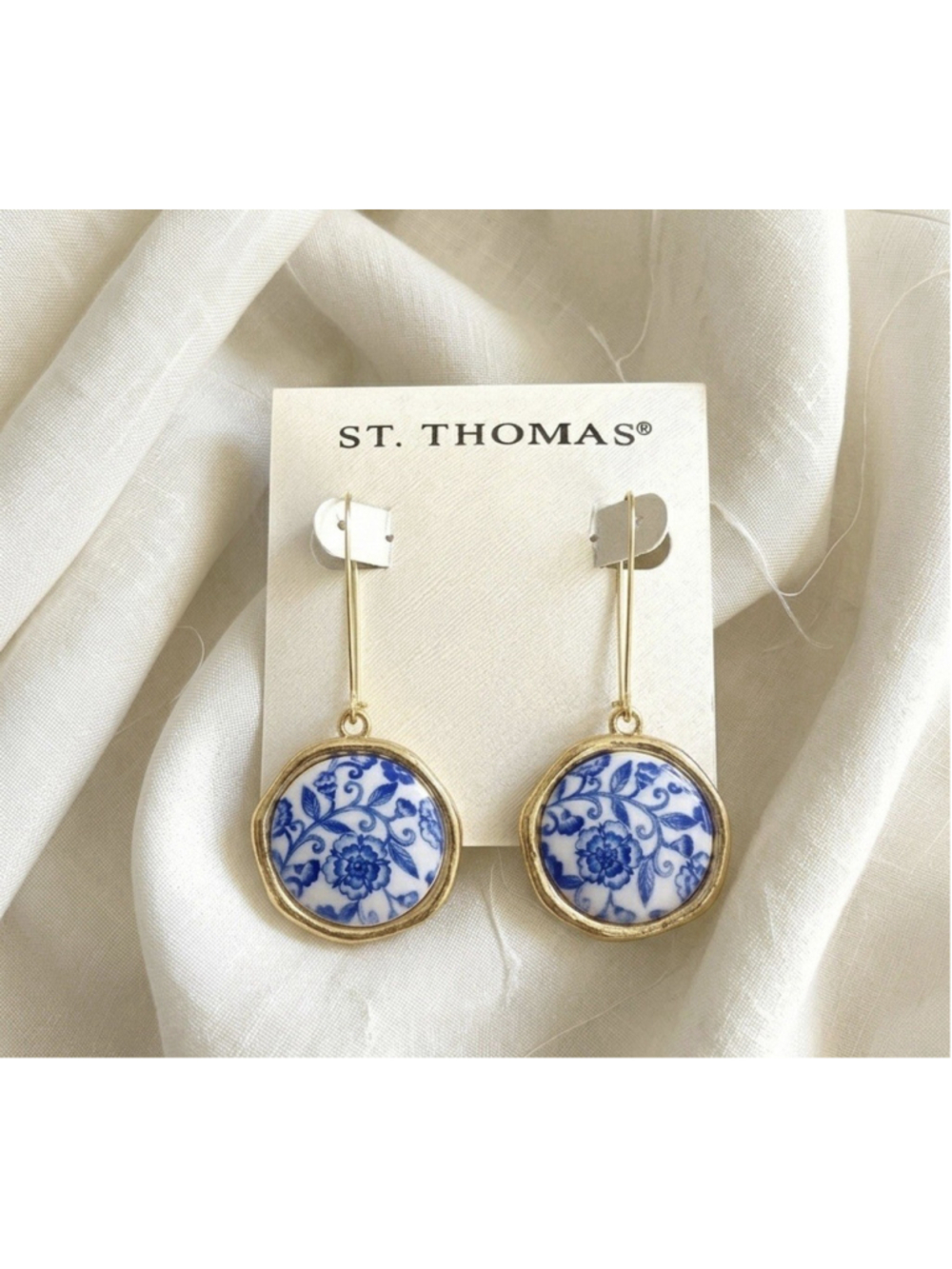 St. Thomas Flower Earrings Tile Porcelain Ceramic Blue Gold Hoop Boho Cruise